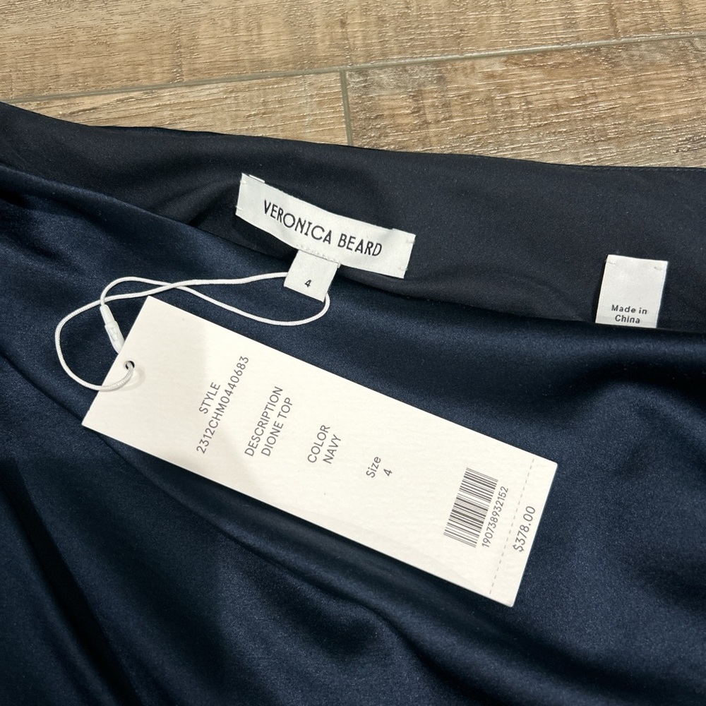 Veronica Beard Dione one shoulder draped silk satin top in navy - Picture 5 of 6